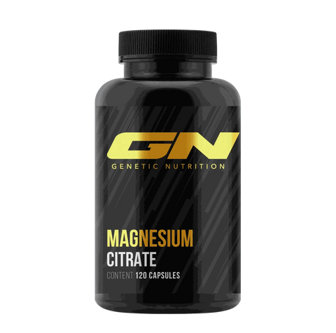 Black bottle of Genetic Nutrition Magnesium Citrate supplement with 120 capsules for muscle, nerve, and metabolism support.