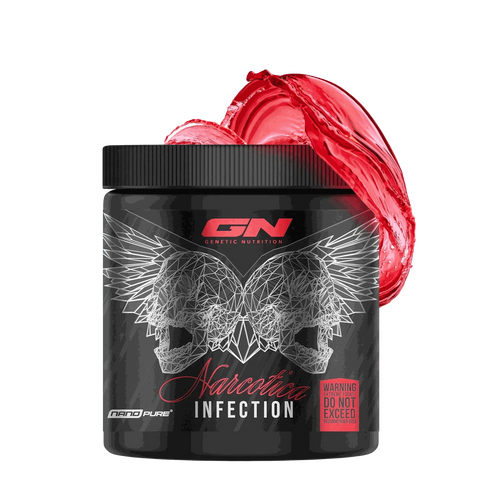 Narcotica Infection 400g pre-workout booster for muscle pump, energy, and focus by Genetic Nutrition.