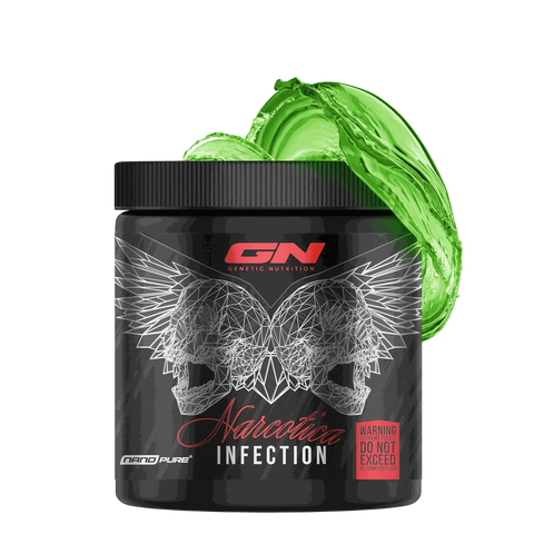 Narcotica Infection 400g black container pre-workout supplement with green splash background for muscle pump and focus boost