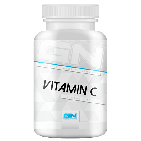 Vitamin C supplement bottle with 120 vegan capsules for immune support and cell protection