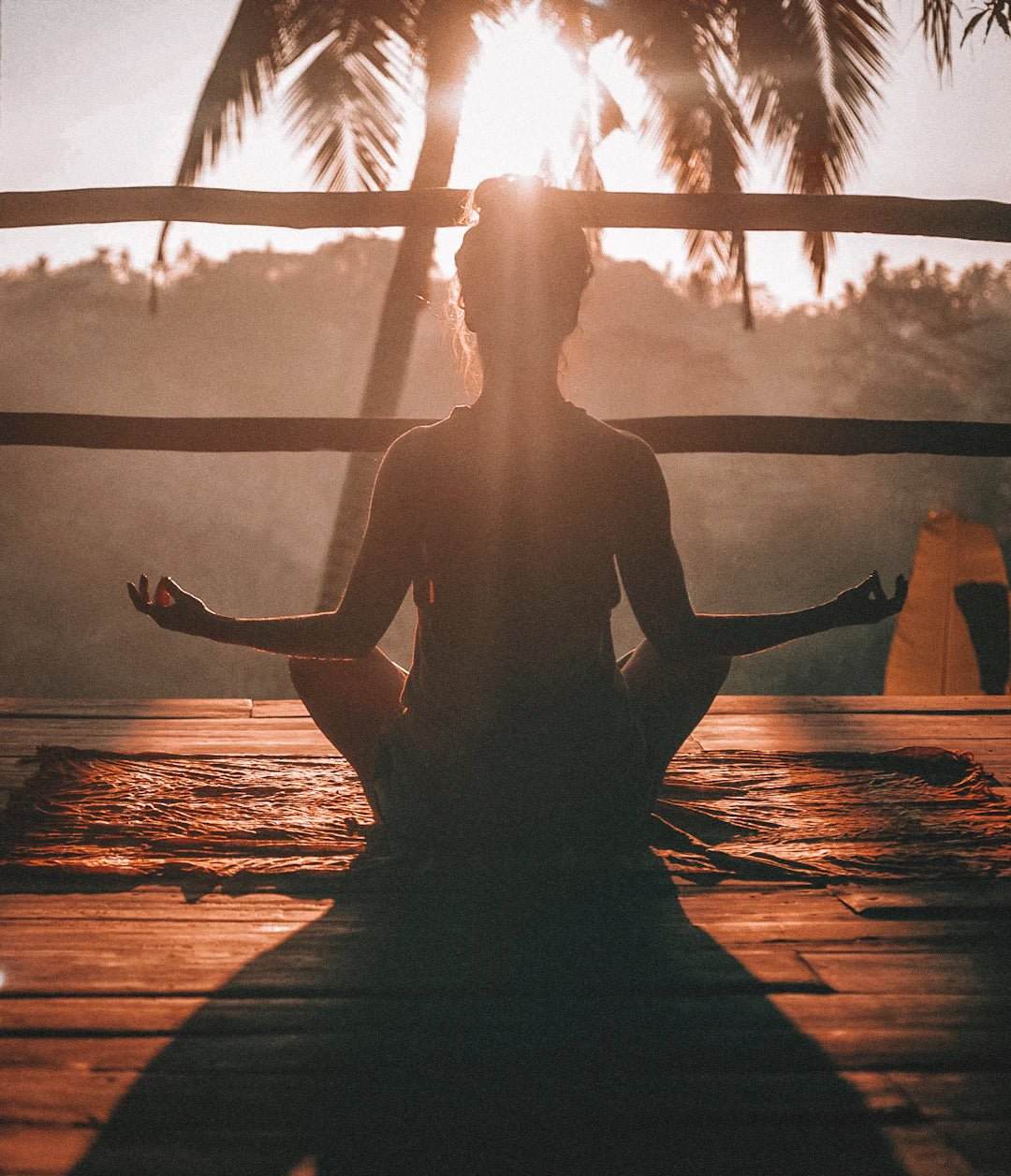 Silhouette of a person meditating outdoors at sunrise with palm trees in the background, symbolizing fitness und Ernährung (fitness and nutrition) balance.